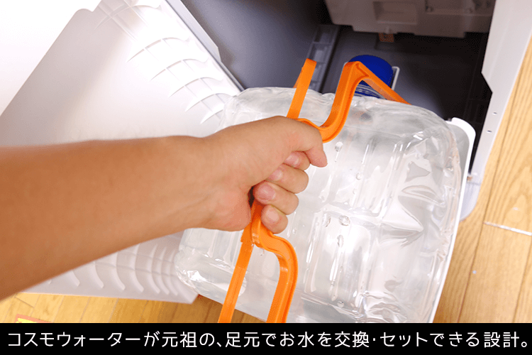 コスモウォーターが元祖の、足元でお水を交換・セットできる設計。